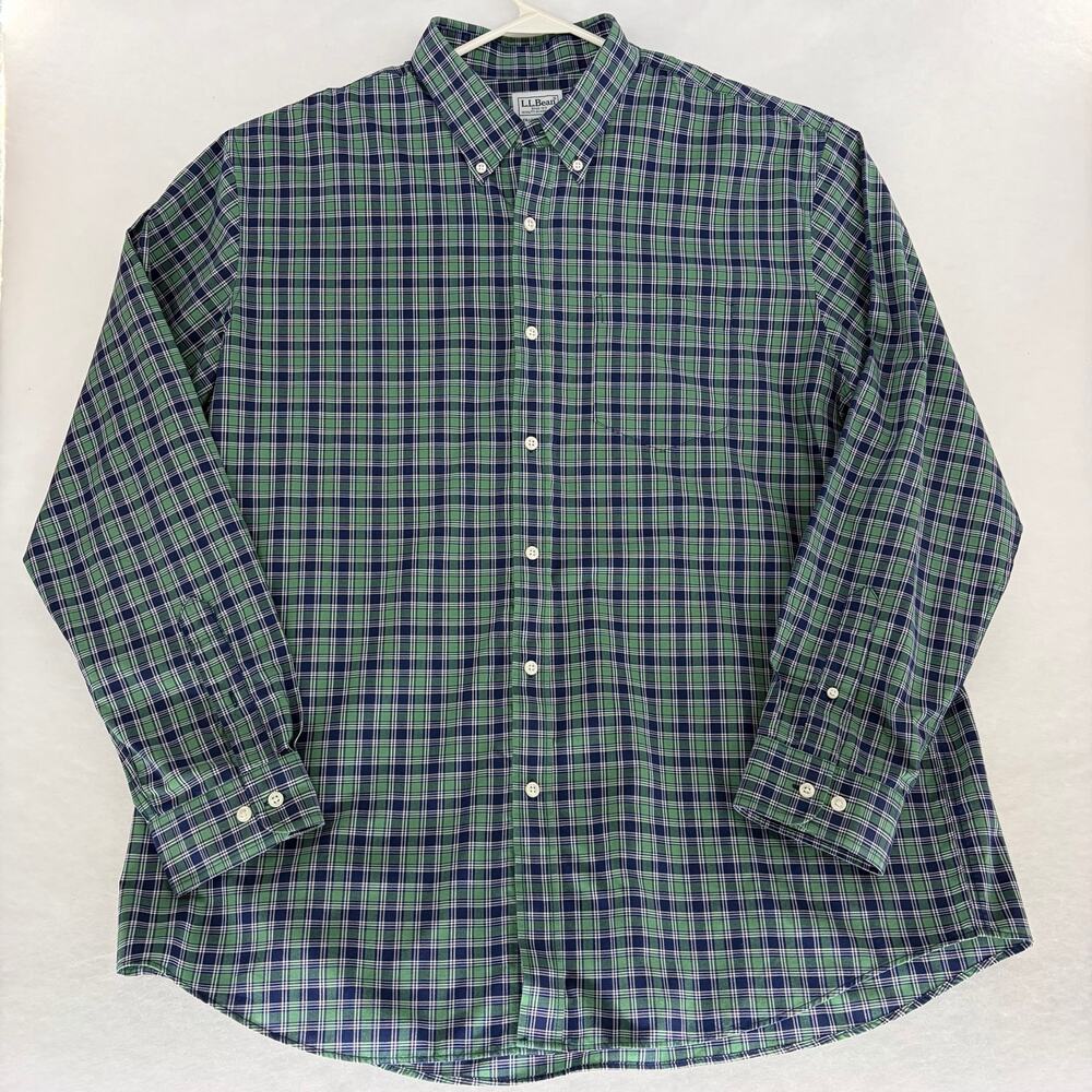 L.L. Bean Traditional Fit Green Navy Plaid Button Down Shirt Men XL Cotton